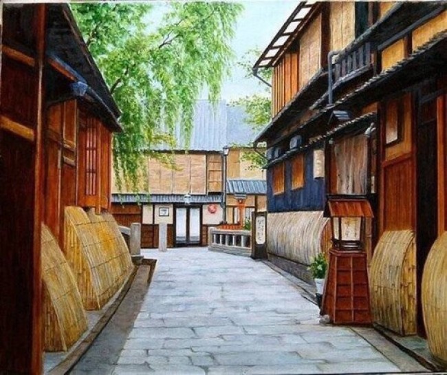 描绘日本小镇街头建筑风景的水彩画日本插画师hiroki2