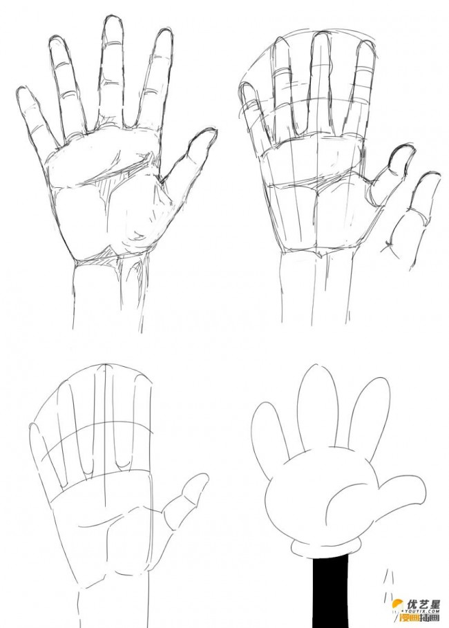 插画手部姿势的不同画法练习单手与双手的手部结构线稿练习教程