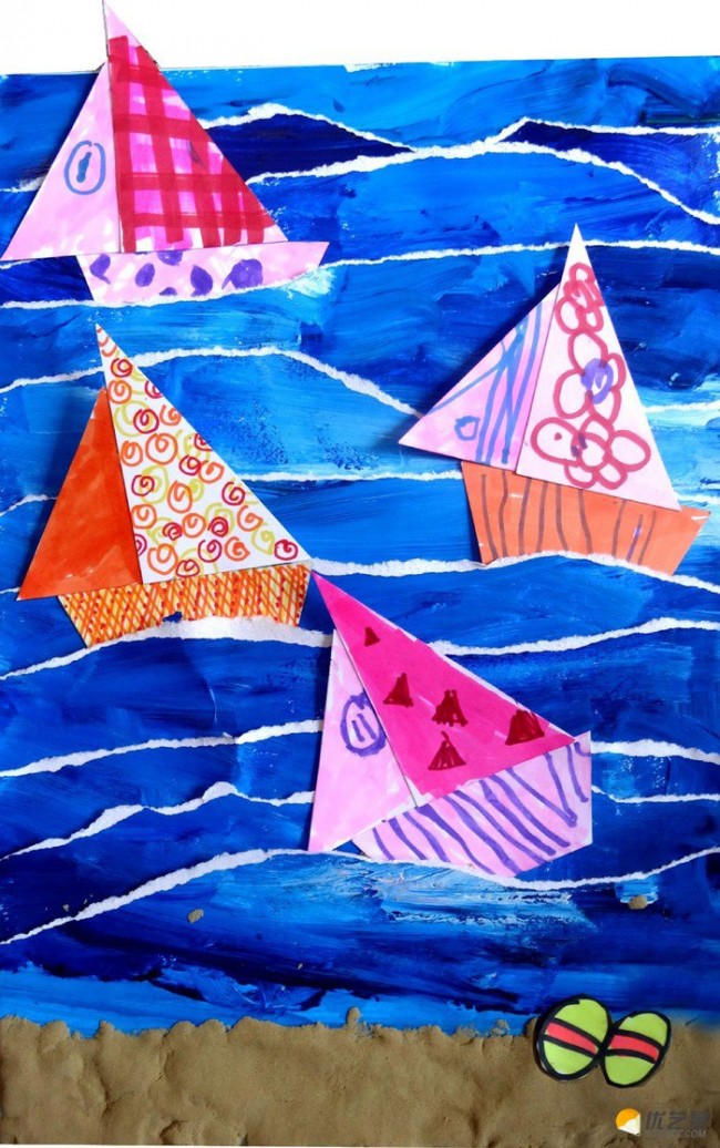 大海儿童画 创意手撕大海帆船手工拼贴画图片彩色作品