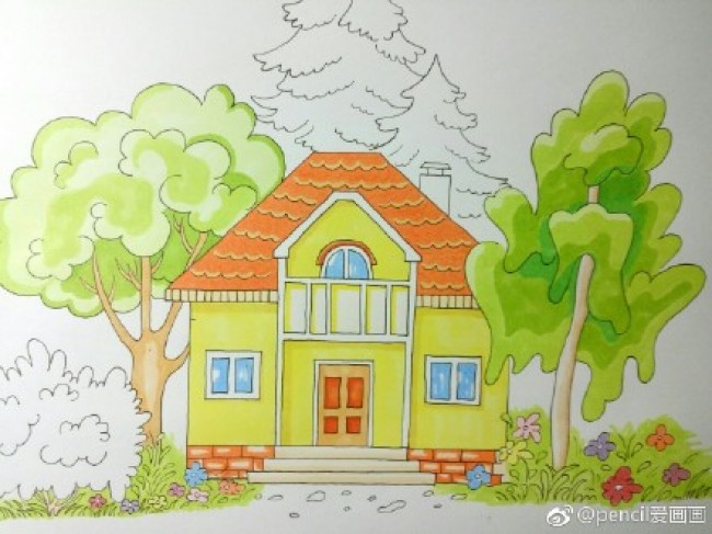 简单的小房子马克笔简笔画教程图片树木围绕的小房子小别墅卡通画怎么