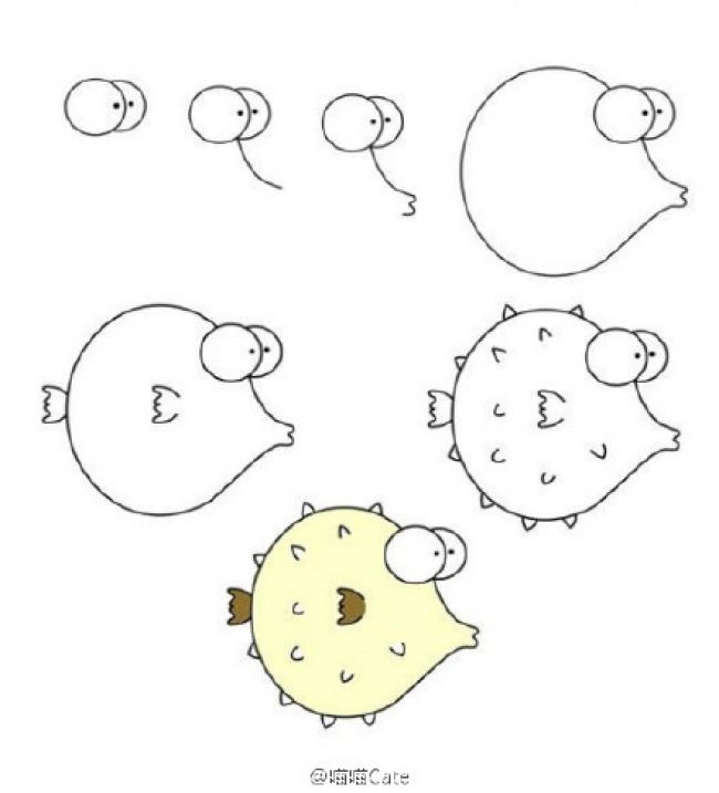 生气的刺豚儿童画画法 刺豚简笔画卡通画画法