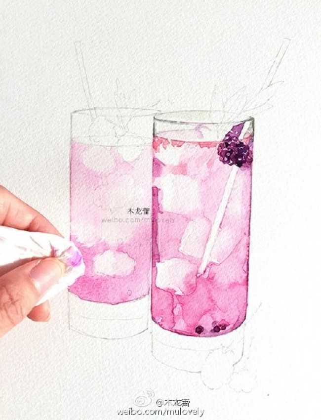 玻璃杯果汁水彩画教程图片上色分解步骤展示玻璃水杯的质感