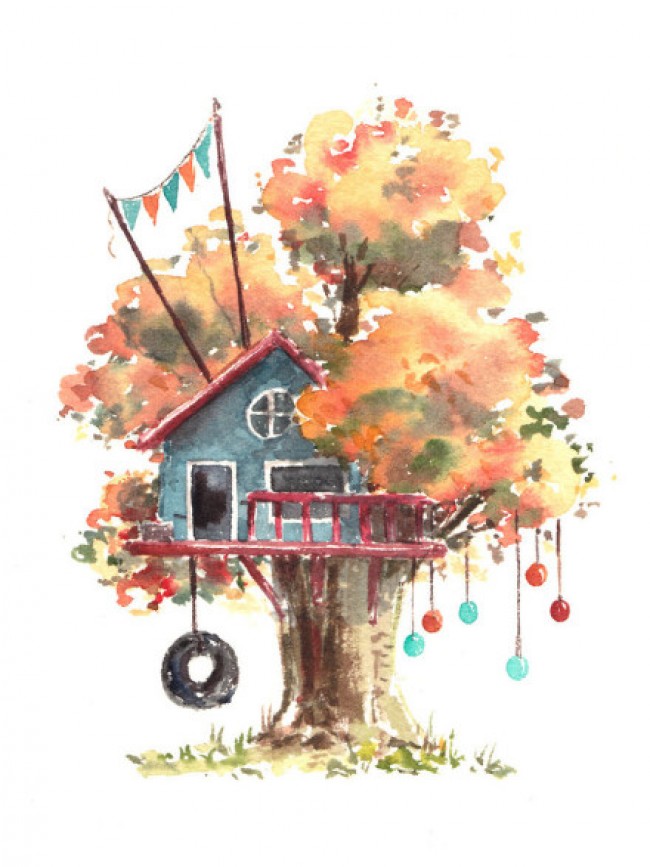 创意水彩树屋作品图片欣赏盖在树上的小房子创意水彩画