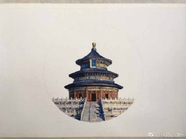 写实风天坛水彩画手绘教程图片 高手作品 古风古韵中国风建筑水彩画