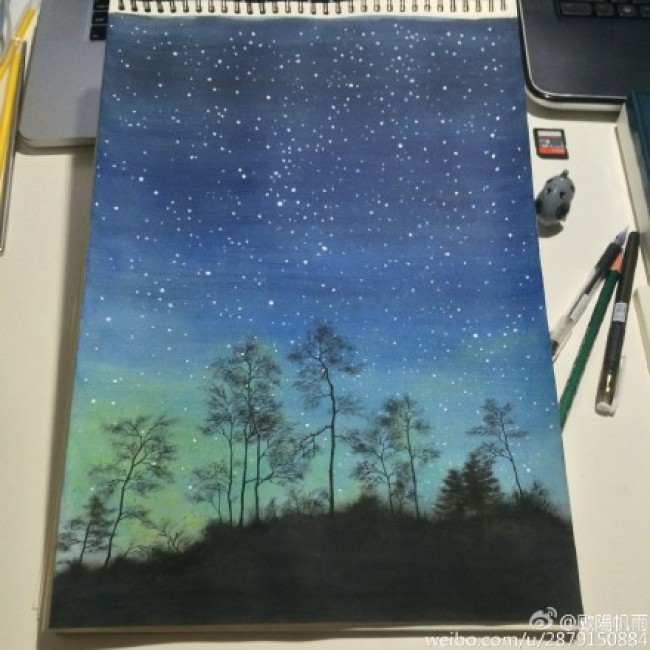 唯美的水彩星空液晶效果手绘教程图片 夜晚的星空水彩画画法 怎么画