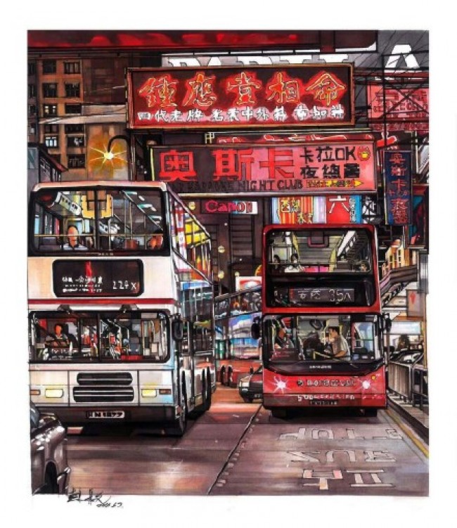 超震撼马克笔城市街景图片写实逼真的香港城市街道手绘马克笔画法上色