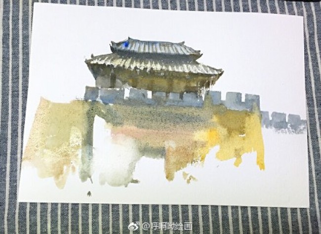 中式古城墙门楼手绘教程图片古城门建筑水彩画教程上色步骤