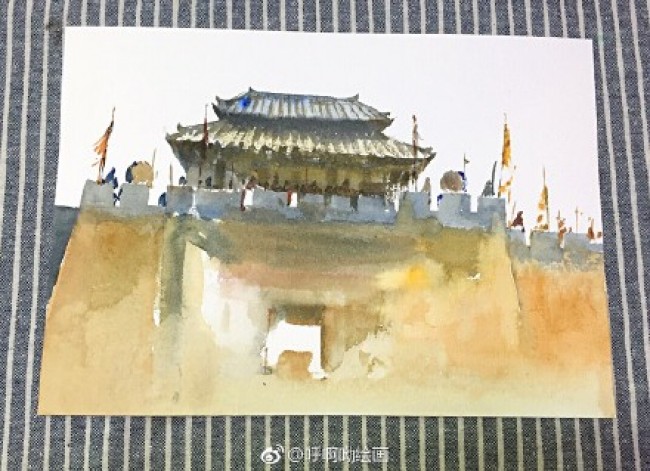 中式古城墙门楼手绘教程图片 古城门建筑水彩画教程 上色步骤