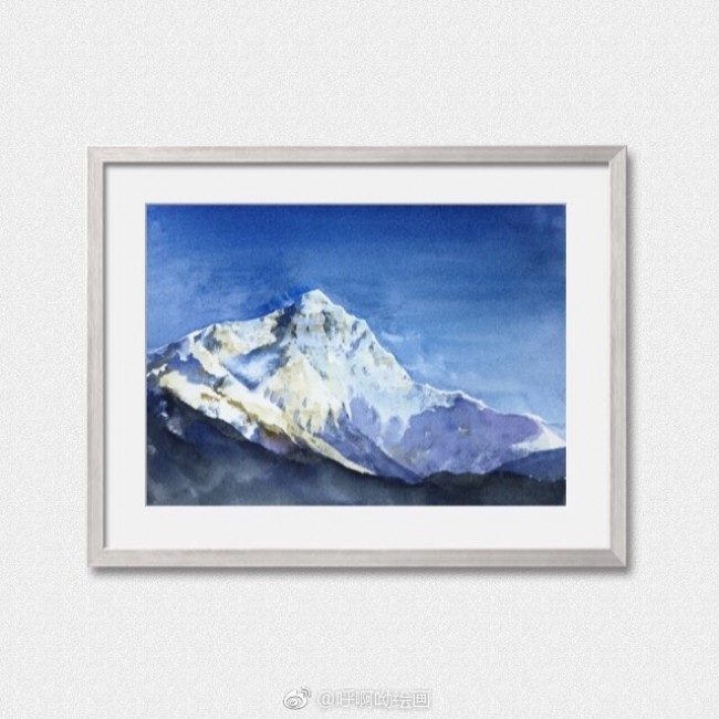 雪山山峰水彩画手绘教程图片巍峨的雪山山峰风光水彩画法上色步骤