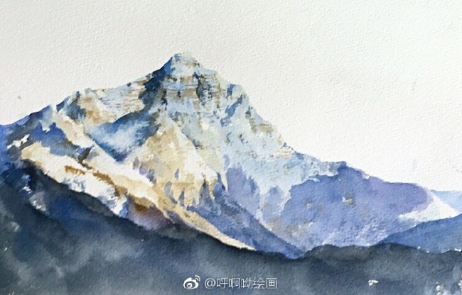 雪山山峰水彩画手绘教程图片巍峨的雪山山峰风光水彩画法上色步骤