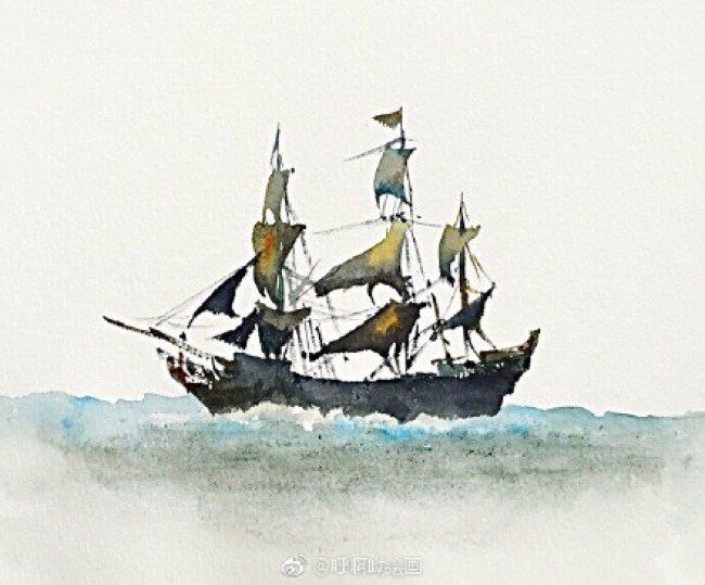 大海里的帆船水彩画手绘教程图片有意境的黑珍珠号海盗船水彩画怎么画