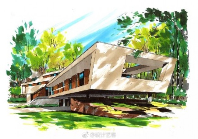 马克笔现代别墅建筑效果图手绘图片 很漂亮的上色