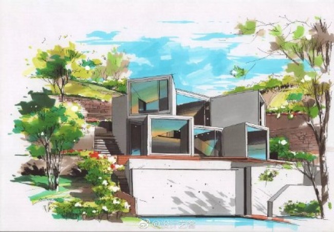 马克笔现代别墅建筑效果图手绘图片很漂亮的上色
