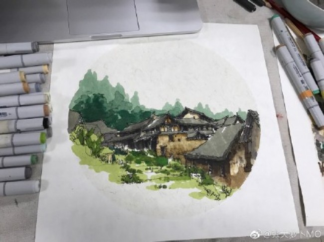 福建桂峰村古村落马克笔建筑风景效果图手绘教程图片 带上色步骤和