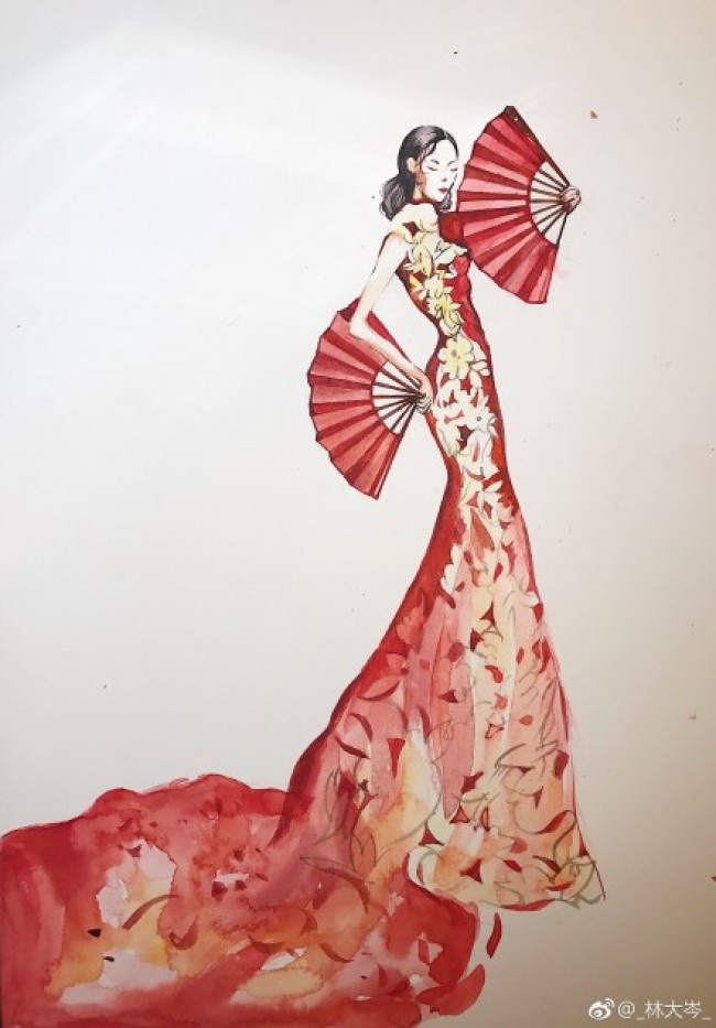 拿着红扇子身穿红色旗袍的古典女人水彩画手绘教程图片