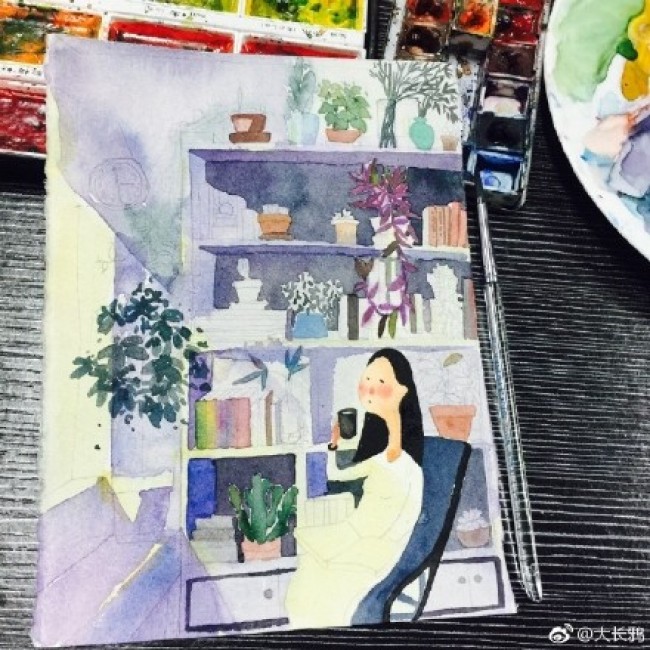 午后阳光下在书房喝咖啡看书的安静女生唯美意境水彩画插画手绘教程