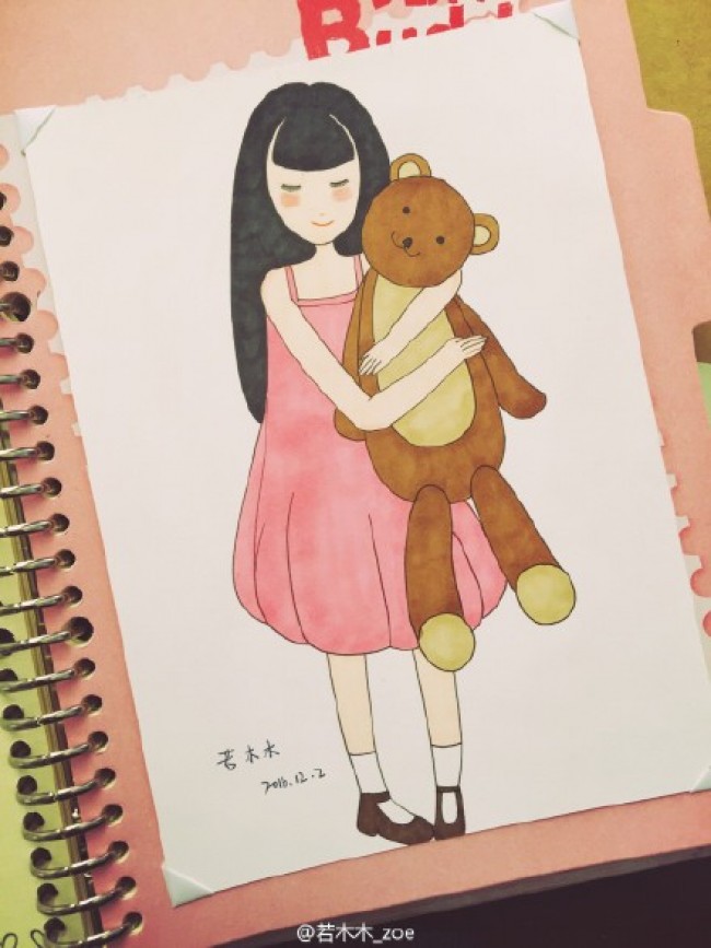 抱着玩具熊的女孩简笔插画图片马克笔简单温暖的女孩手绘教程画法