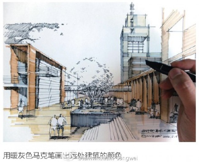 城市建筑步道长廊马克笔建筑效果图手绘教程图片