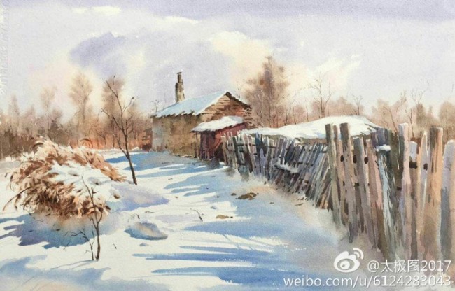 唯美逼真的雪景水彩手绘教程图片好看的雪景水彩怎么画雪景画法2