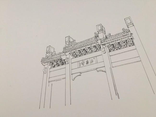 中国古建筑牌坊门楼钢笔画线稿图片
