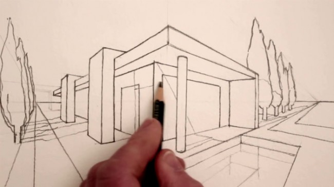 【视频】规范的两点透视建筑水彩效果图手绘视频教程 演示两点透视