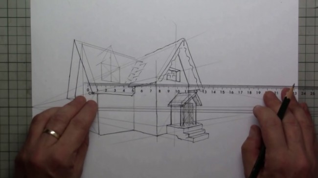 视频用很严格的两点透视画法画小别墅建筑效果图手绘视频教程画法