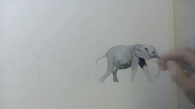 【视频】唯美的大象一家水彩手绘视频教程 大象爸爸妈妈带着小象水彩