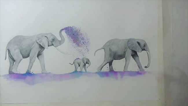 【视频】唯美的大象一家水彩手绘视频教程 大象爸爸妈妈带着小象水彩