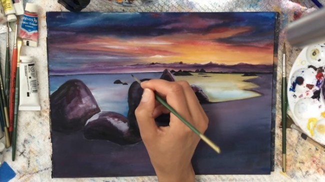 视频非常有意境的沙滩海水与礁石的唯美水彩画手绘视频教程画法