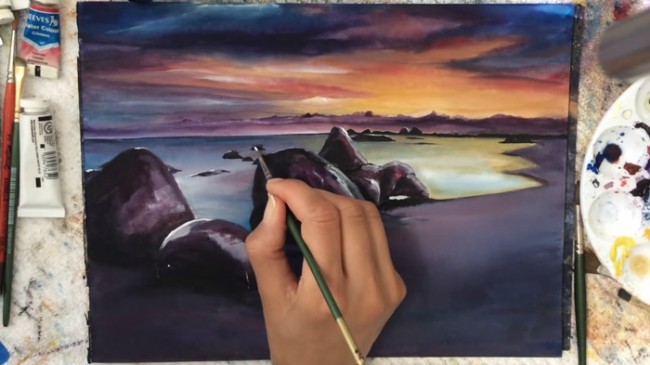 视频非常有意境的沙滩海水与礁石的唯美水彩画手绘视频教程画法