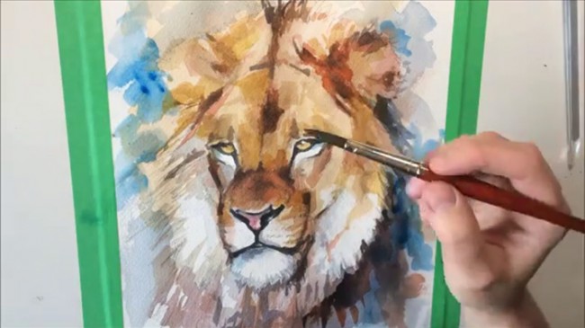 【视频】好看有威严的狮子水彩手绘视频教程 教你画狮子水彩画 头部