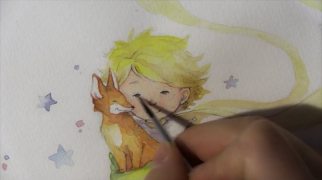 视频简单的小王子水彩手绘视频教程抱着小狐狸的小王子水彩画教程