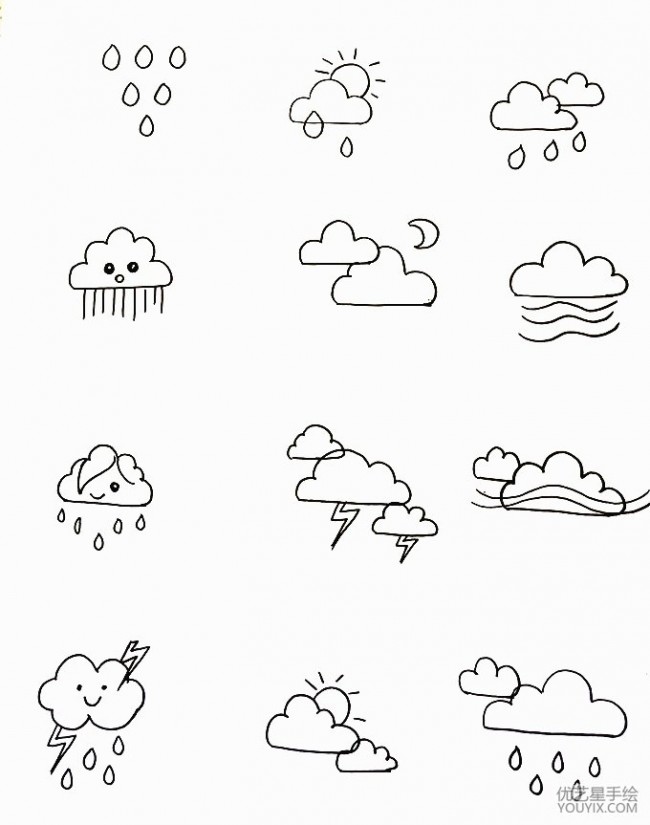 各种天气相关简笔画图片参考 很可爱的云朵太阳等天气