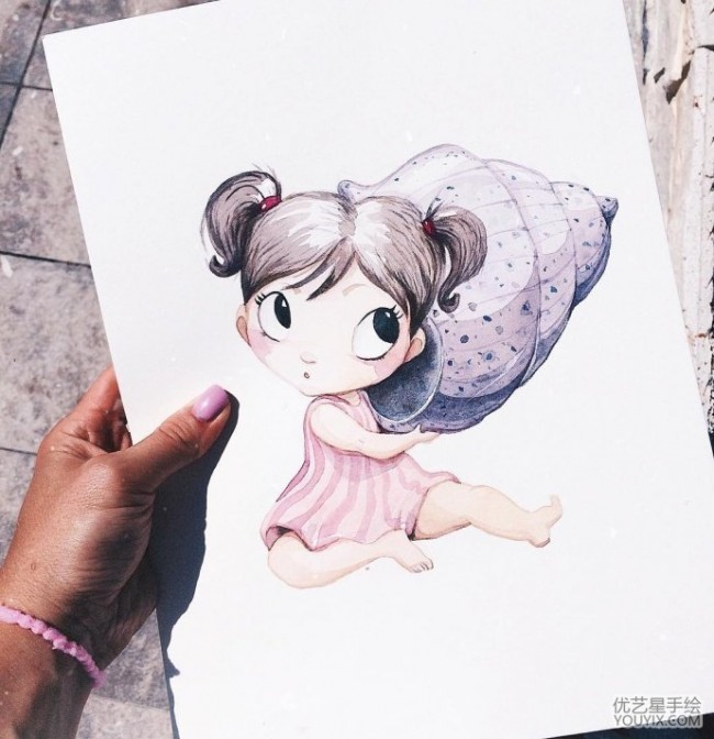 可爱萌的q版小女孩水彩插画图片 俏皮可爱小女生水彩画