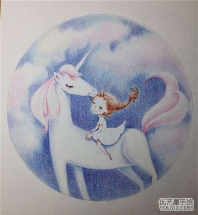 唯美好看的小女孩骑着独角兽的彩铅画教程童话里的小女孩彩铅画法