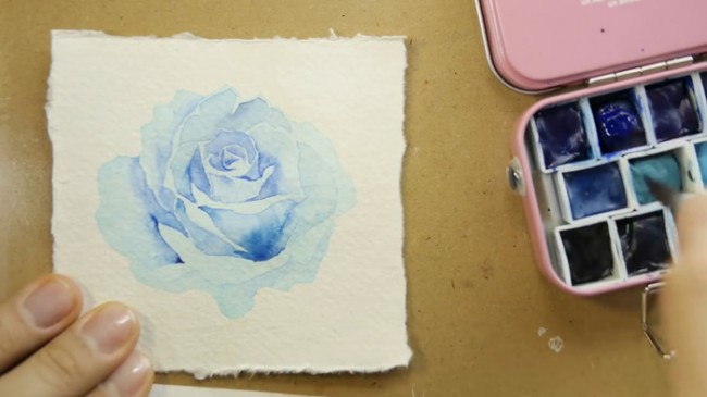 视频好看的蓝色玫瑰花水彩手绘视频教程蓝色妖姬水彩画画法