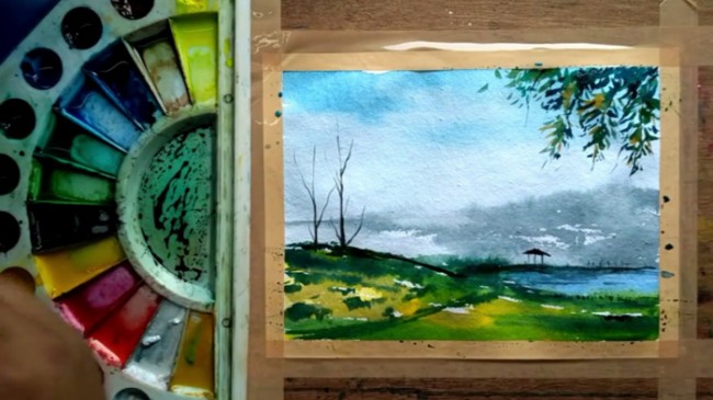 【视频】优美的湖边草地自然风光风景水彩画视频教程手绘画法步骤