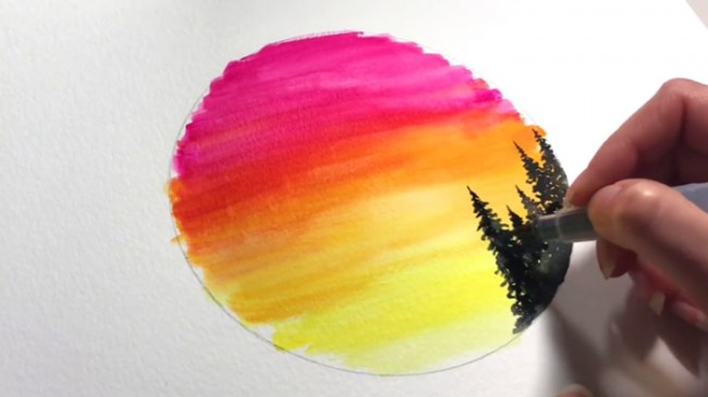 【视频】夕阳西下森林剪影水彩画手绘视频教程 风景夕阳水彩画