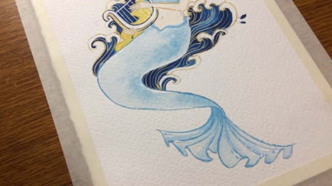 【弹琴的海之女人鱼水彩画】唯美的美人鱼水彩怎么画