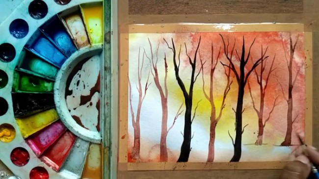 黄昏的森林水彩画法傍晚的森林数目水彩怎么画
