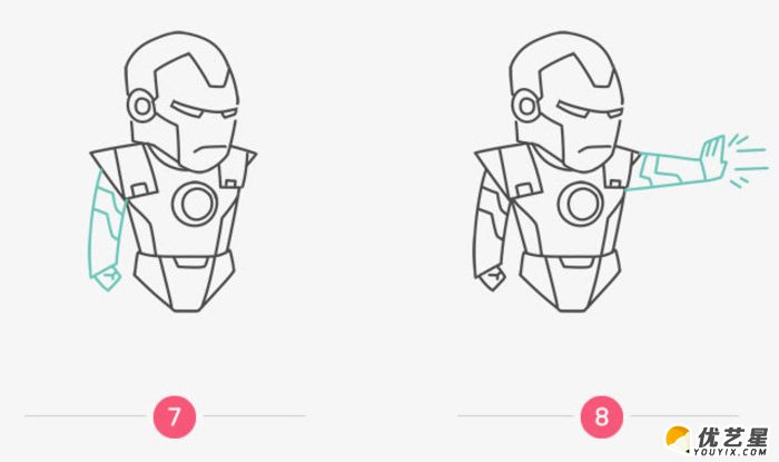 发出攻击的钢铁侠怎么画 简单可爱的钢铁侠画法 钢铁侠简笔画 钢铁侠