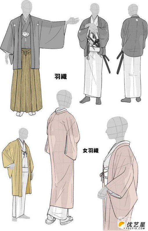 日式男式和服绘画教程 日本女式和服展示图片插画素材结构演示(2)