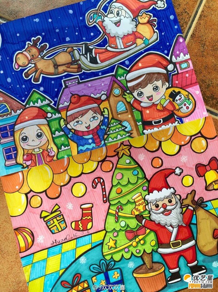 圣诞节主题儿童画作品圣诞老人小雪人麋鹿和小朋友开心过圣诞的儿童画