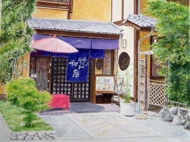 描绘日本小镇街头建筑风景的水彩画日本插画师hiroki