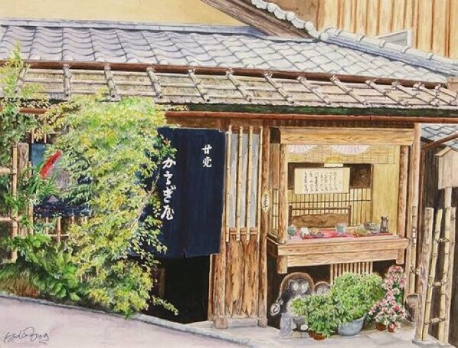 描绘日本小镇街头建筑风景的水彩画 日本插画师hiroki