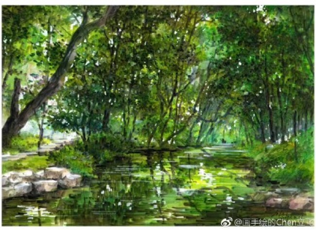 绿意盎然的春季森林风景马克笔手绘教程图片树木小溪河流效果图