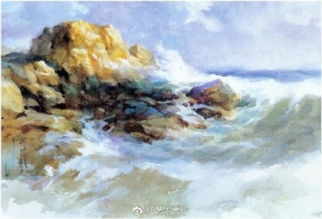 海岸边风景水彩画图片海水拍打礁石水彩画图片作品欣赏