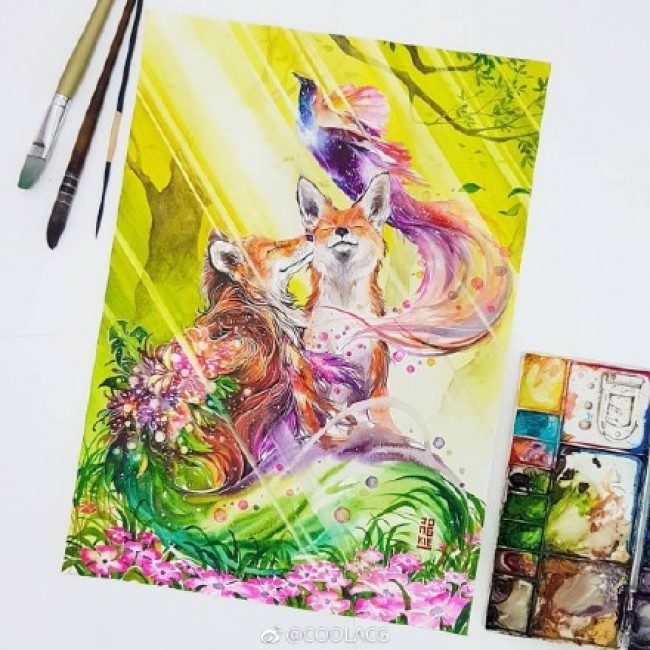 色彩豔麗奇幻風動物水彩插畫圖片作品 唯美有意境