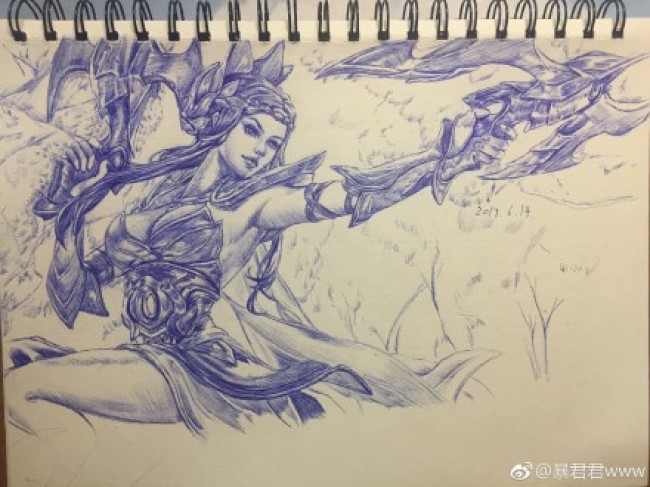 王者榮耀女性角色圓珠筆手繪作品圖片精美圓珠筆女性插畫作品圖片