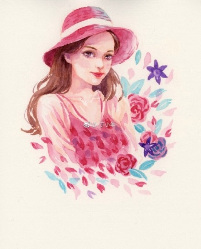 带遮阳帽的夏日漂亮女生水彩画手绘教程图片鲜花围绕的小姐姐 图片 7p 才艺君